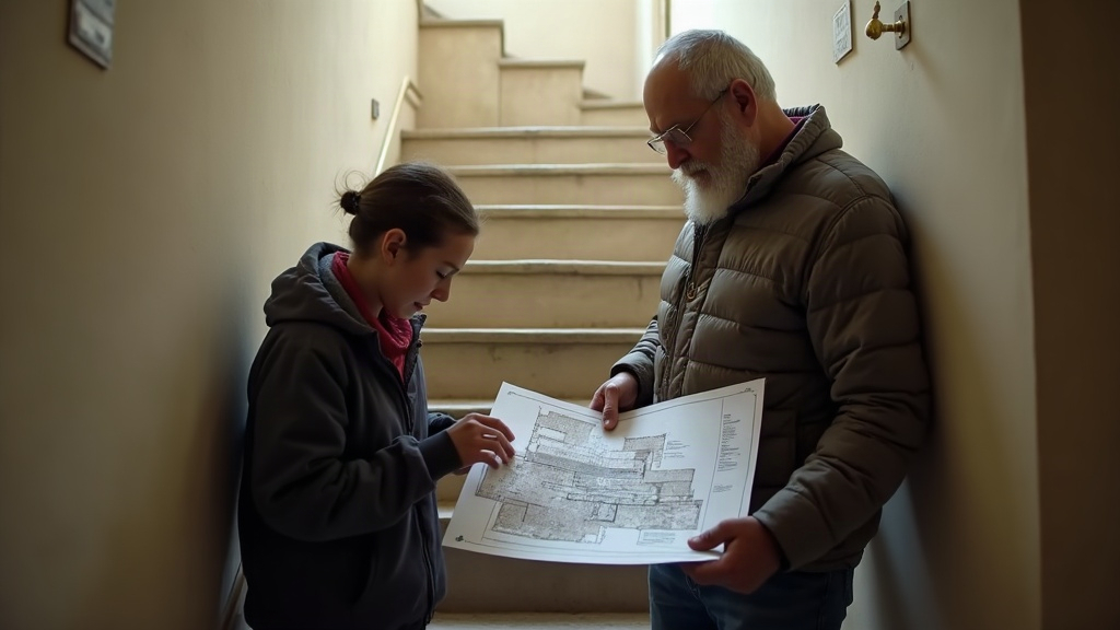 דיירים בחדר מדרגות של בניין משותף מנהלים אסיפה קצרה עם מסמכים ושרטוט של הגג