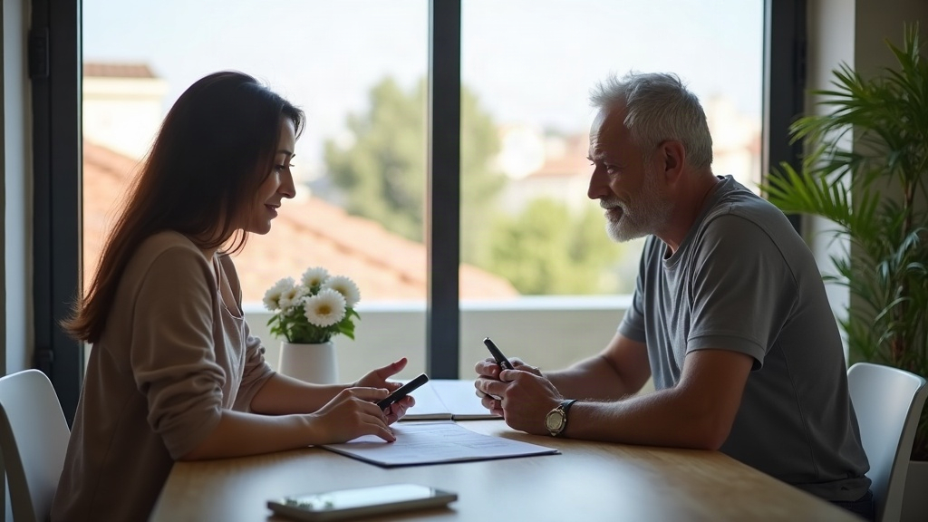 בעל בית ישראלי עובר על מסמכי פוליסת ביטוח ליד שולחן עם מערכת סולארית בחצר ברקע