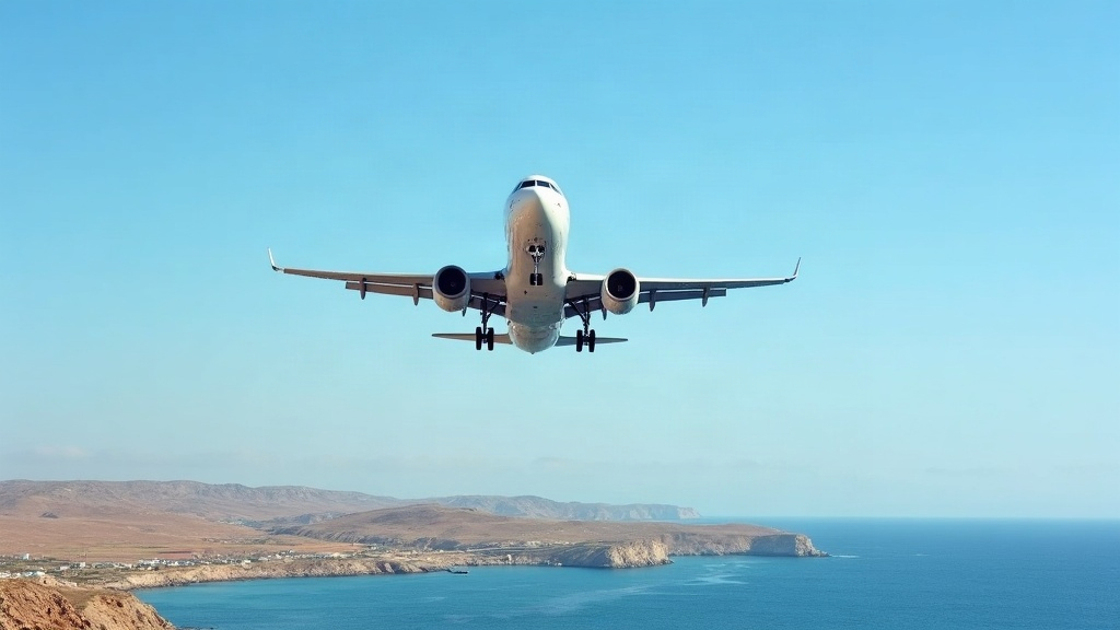 מטוס נוסעים בנחיתה מעל חוף הים התיכון ליד שדה תעופה בקפריסין