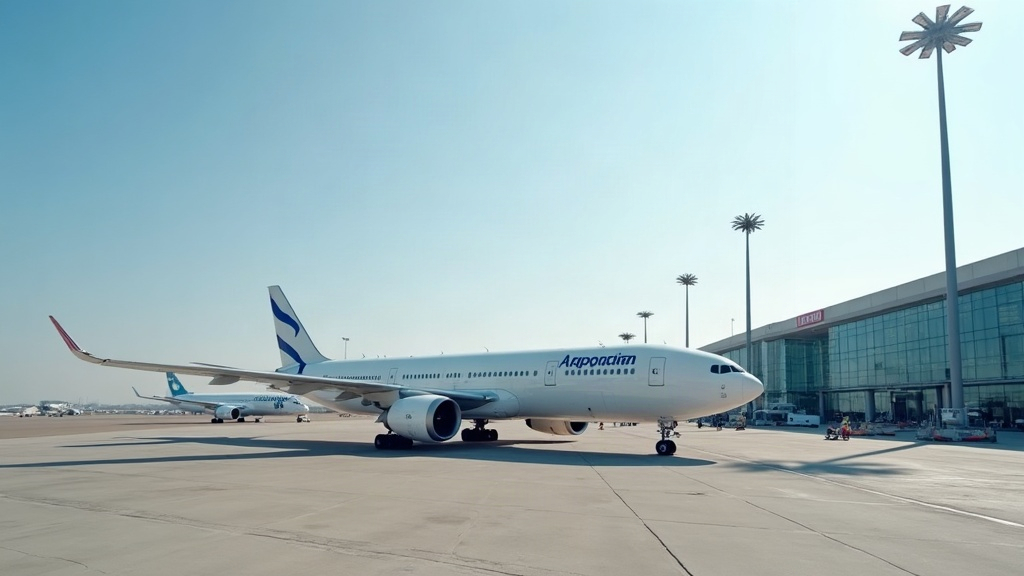 מטוס נוסעים על מסלול בנמל תעופה אירופי עם טרמינל מזכוכית ברקע