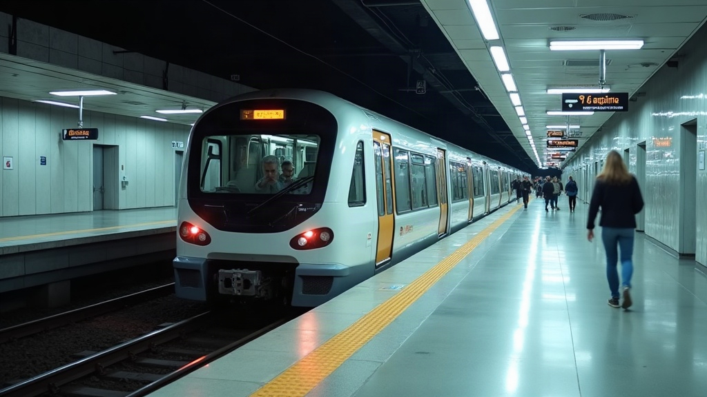 רכבת תחתית מודרנית בתחנה מוארת בעיר אירופית עם נוסעים מרחוק