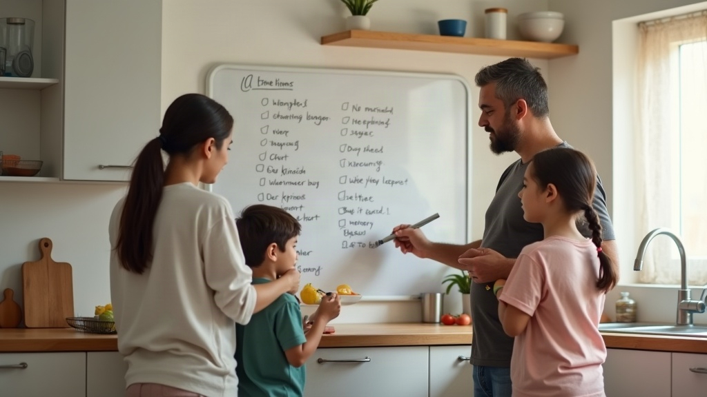 משפחה ישראלית מסיימת לתכנן תרומות שנתיות עם רשימה על הלוח במטבח