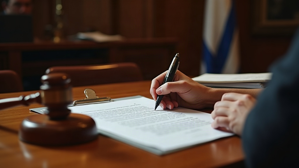 שופט בבית משפט חותם על מסמך אישור ליד פטיש עץ