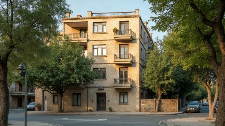 בניין מגורים ותיק ברחוב מרכזי בגבעתיים בשעות אחר הצהריים