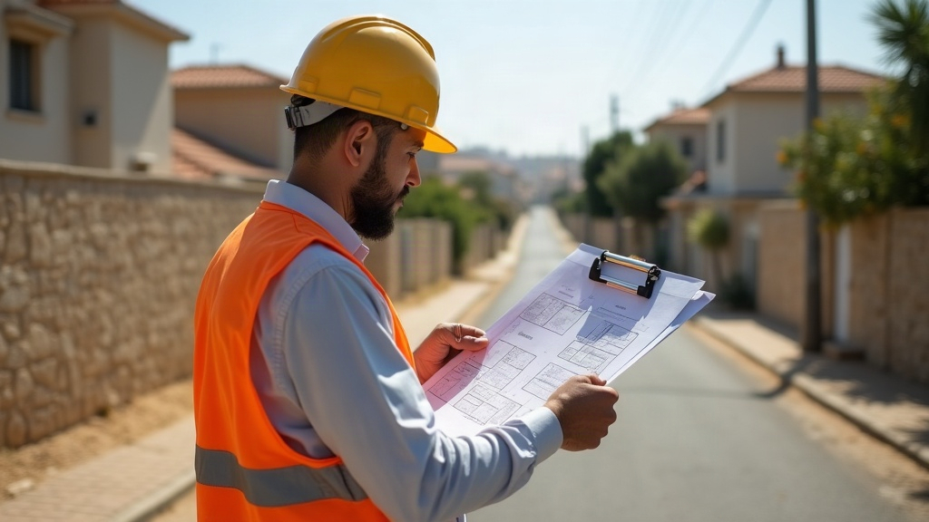 שמאי מקרקעין בודק תשריט מגרש עם סרט מדידה ברחוב מגורים