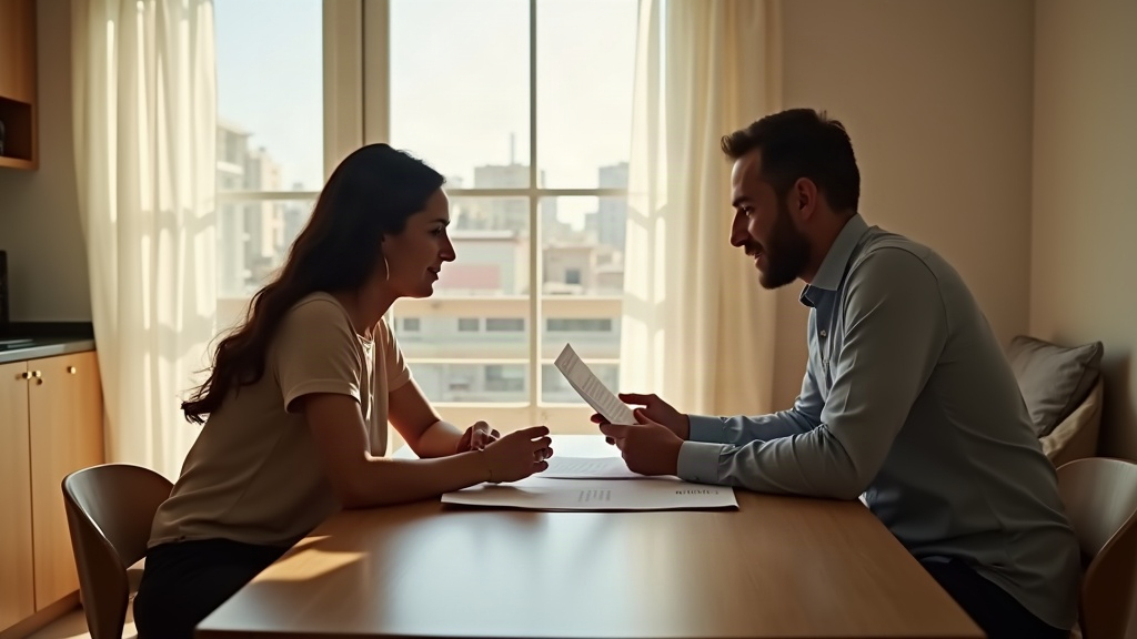 זוג בעלי דירת מחיר למשתכן בודקים מסמכי חוזה ליד השולחן בסלון