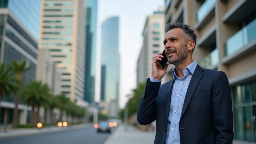 מתווך נדל"ן משוחח בטלפון מול בניין משרדים באזור הבורסה ברמת גן