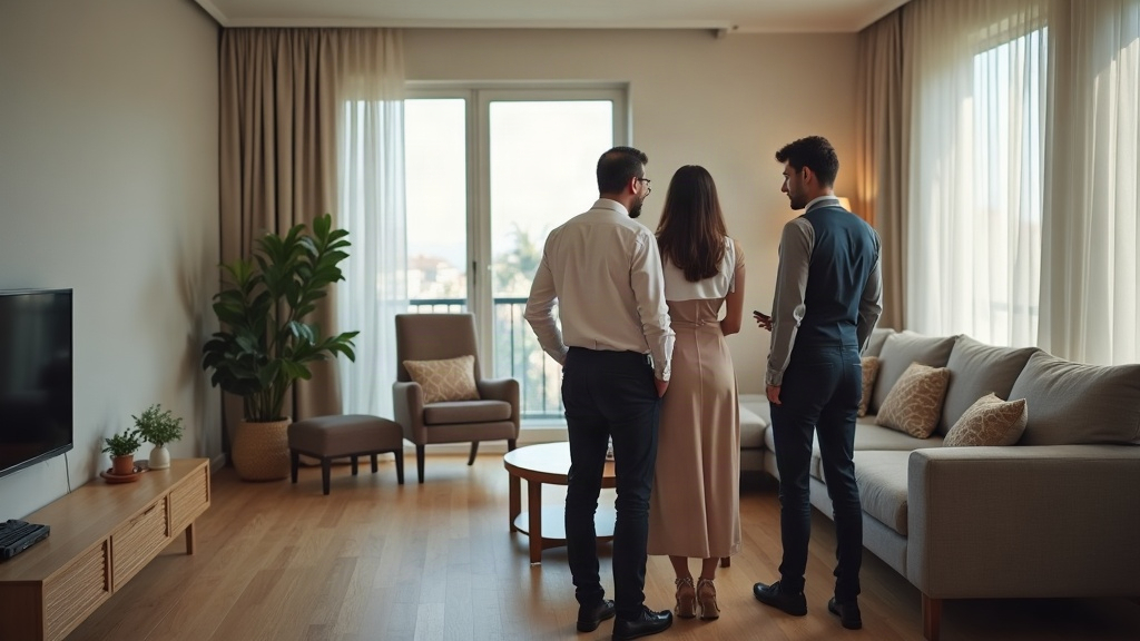 מתווך נדל"ן מראה דירה למכירה לזוג קונים פוטנציאליים בגבעתיים