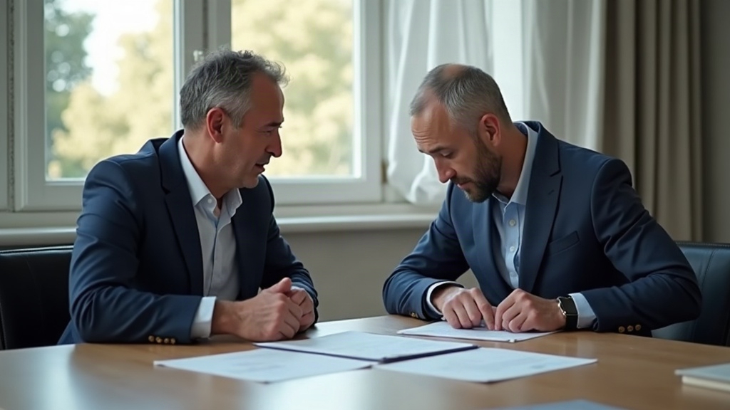 שני אנשים בפגישה סביב שולחן דנים בהסכם פינוי מוסכם