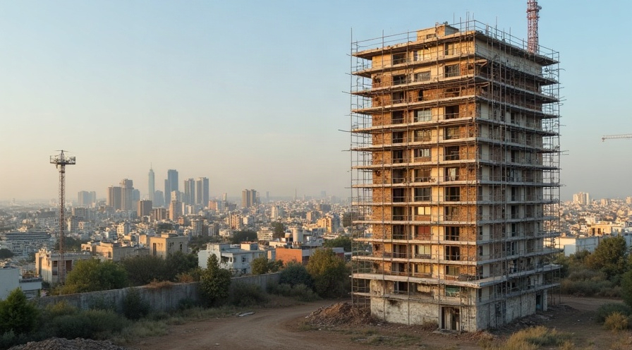 בניין ישן לצד פיגומי שיפוץ תמ״א 38 ברקע עירוני של גוש דן