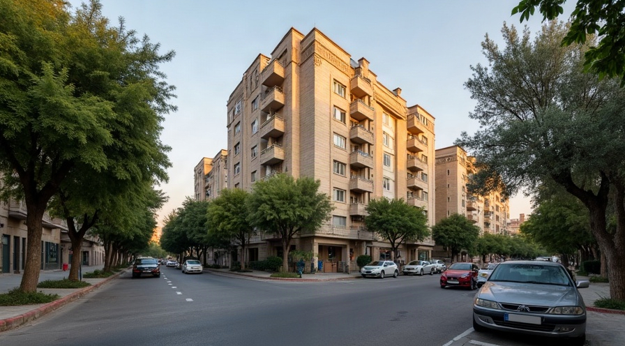 בניין מגורים ותיק ברמת גן הוותיקה בשעות אחר הצהריים עם עצים ברחוב