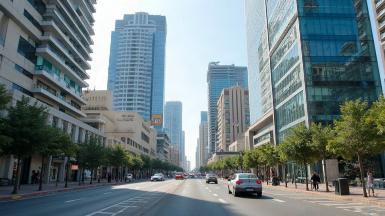 רחוב מסחרי סואן באזור הבורסה ברמת גן עם בנייני משרדים ומגורים גבוהים