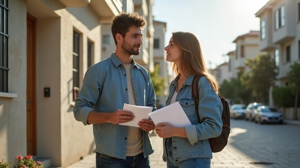 זוג צעיר עומד מול בניין מגורים בגבעתיים ובודק מסמכים לפני רכישת דירה